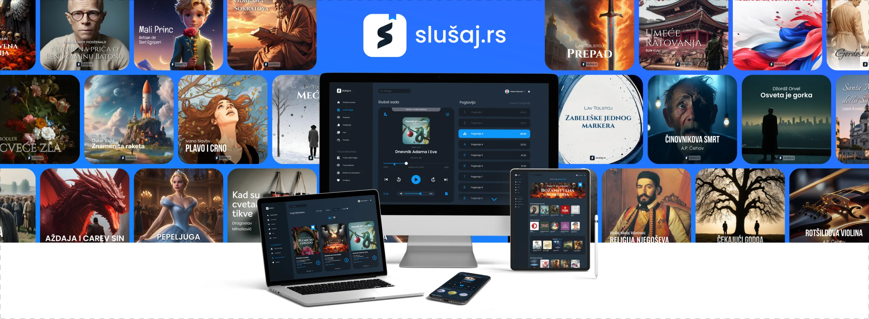 Slušaj.rs, platforma za audio-knjige, otvorena na monitoru, laptopu, tabletu i telefonu